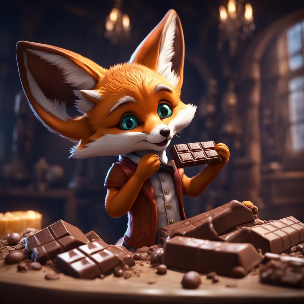 Cute Fennic Fox Eating Chocolate, Detailed Digital Art