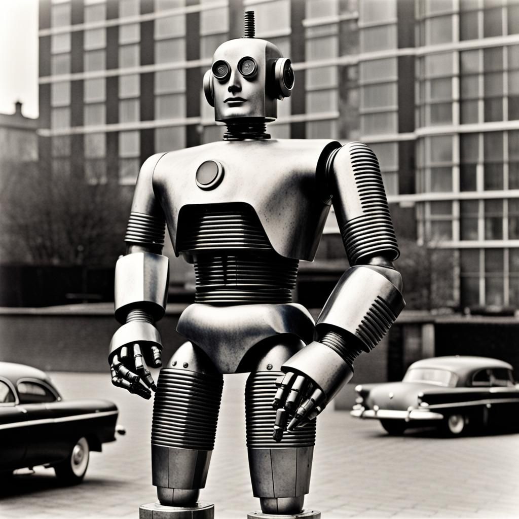 Vibrant 1950s Cyborg Robot in Colorful Outdoor Scene