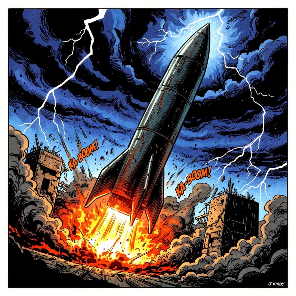 An ICBM launch sequence is depicted in a gritty, comic book ...