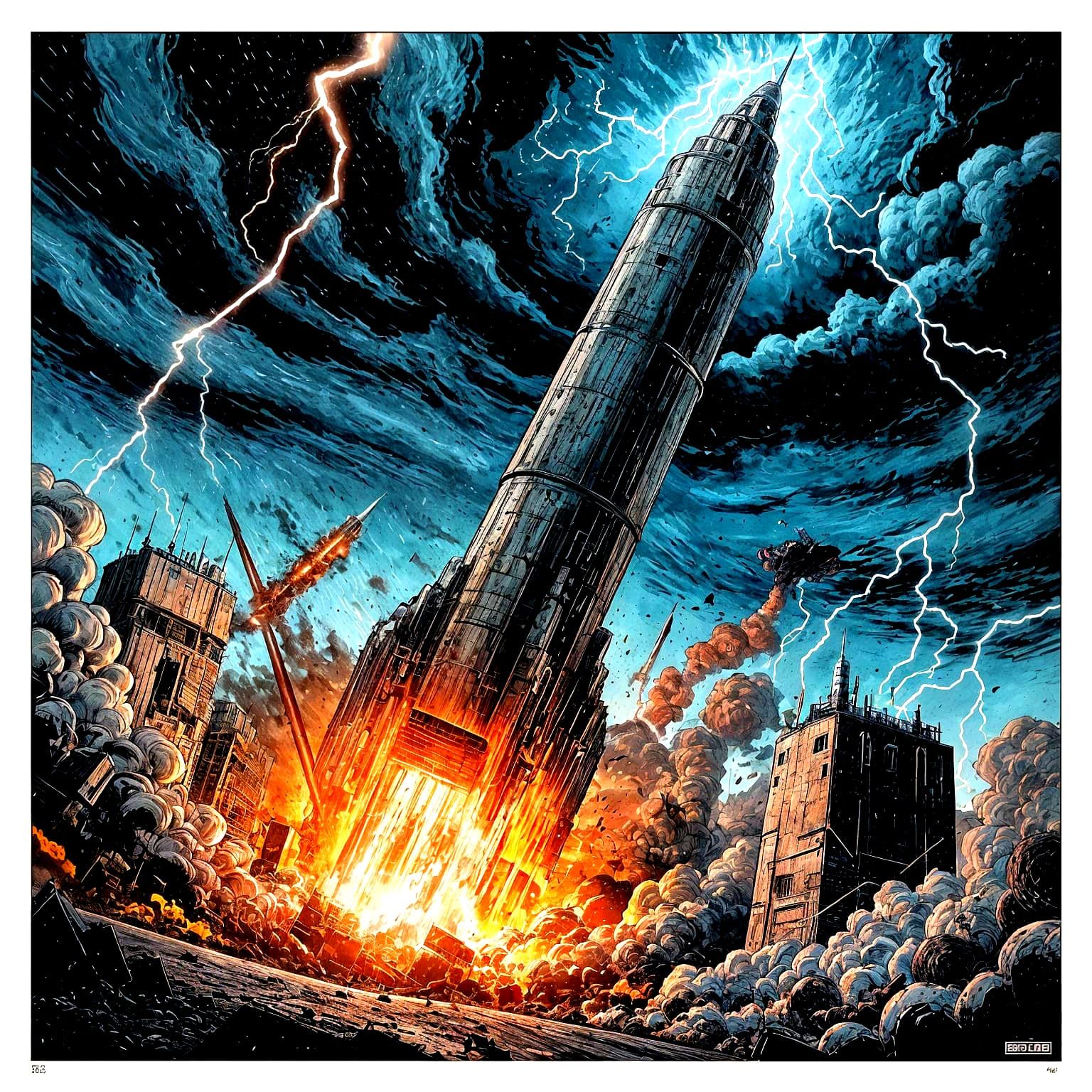 An ICBM launch sequence is depicted in a gritty, comic book ...