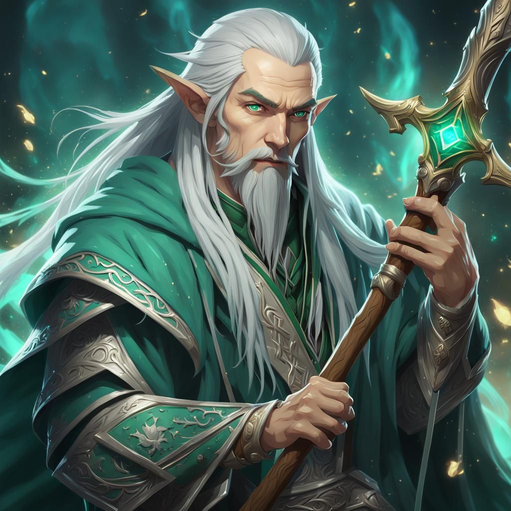 High Elf Wizard in Green Robes: 3D Anime Art