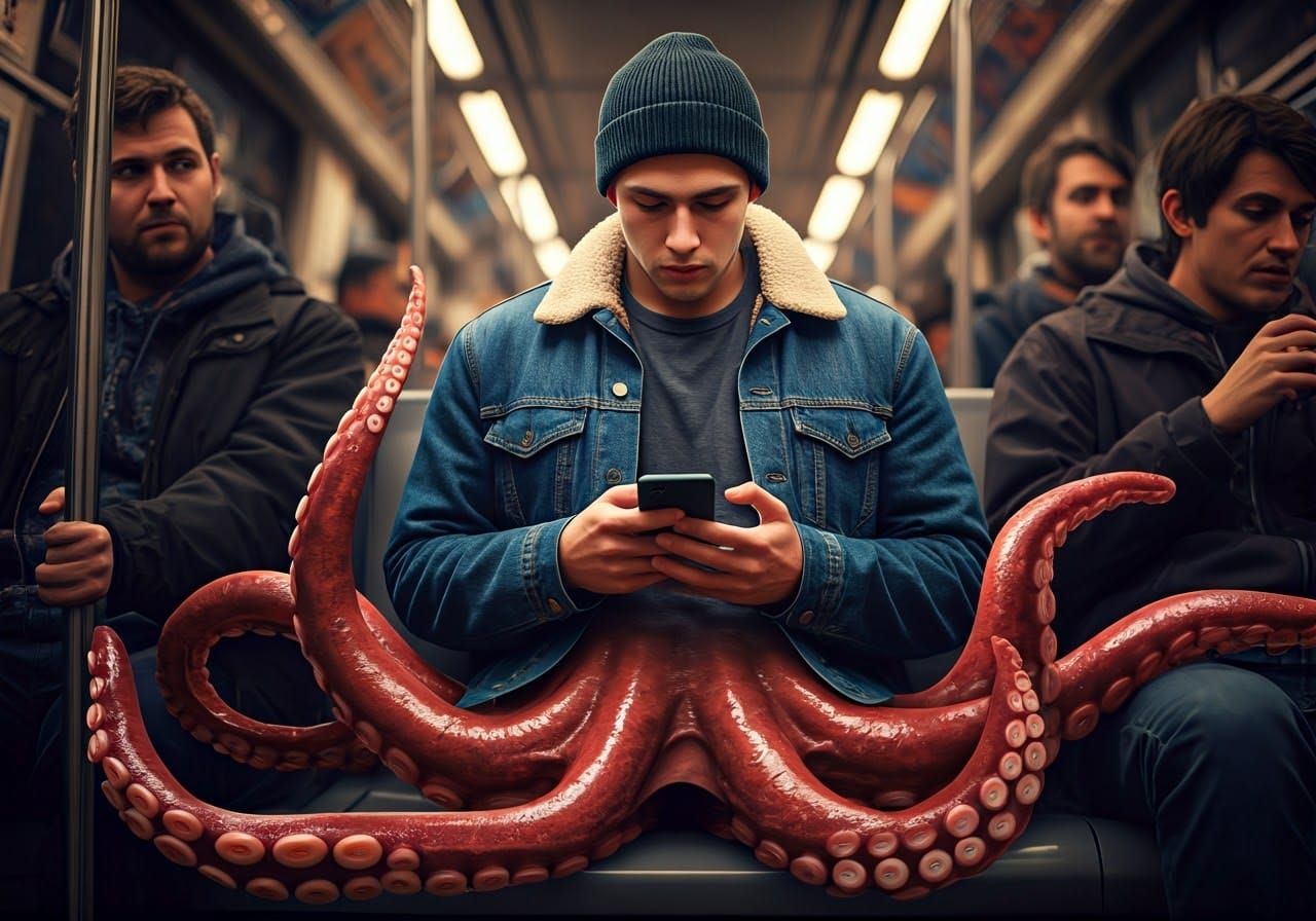 Man Transforms on Subway: Hyperrealistic 3D Anime Art