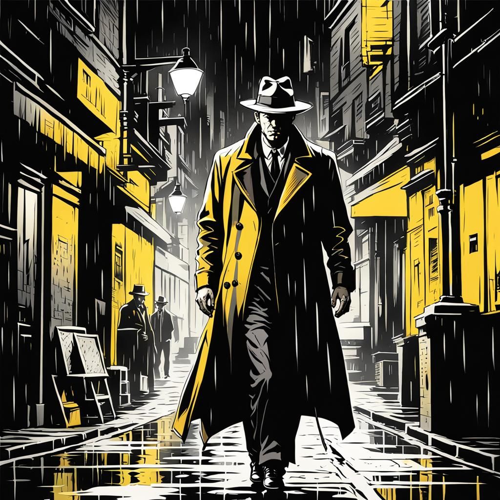 Noir Hunter in Rainy Alley, Comic Book Style