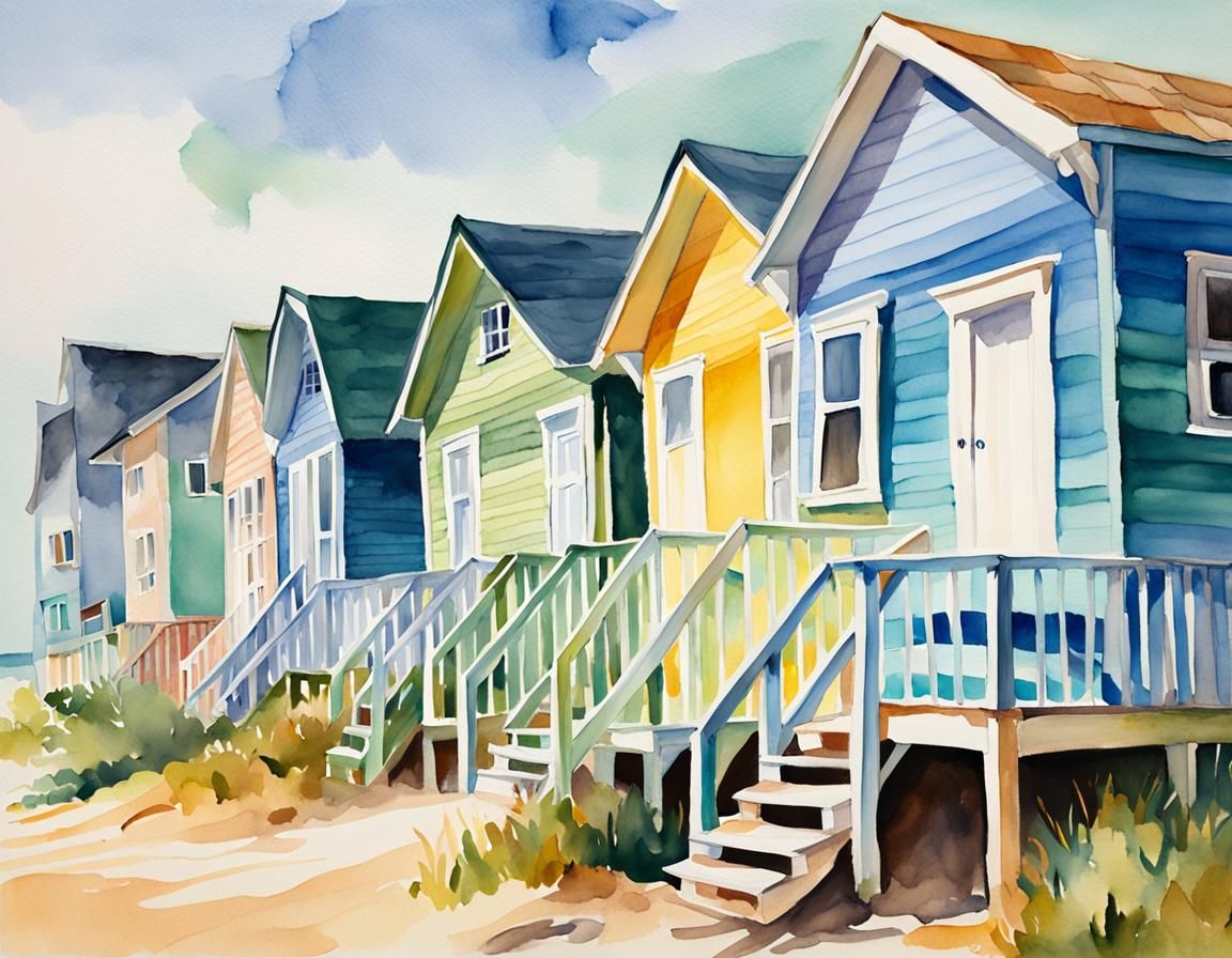 Colorful Beach Houses in Dreamy Watercolor Style