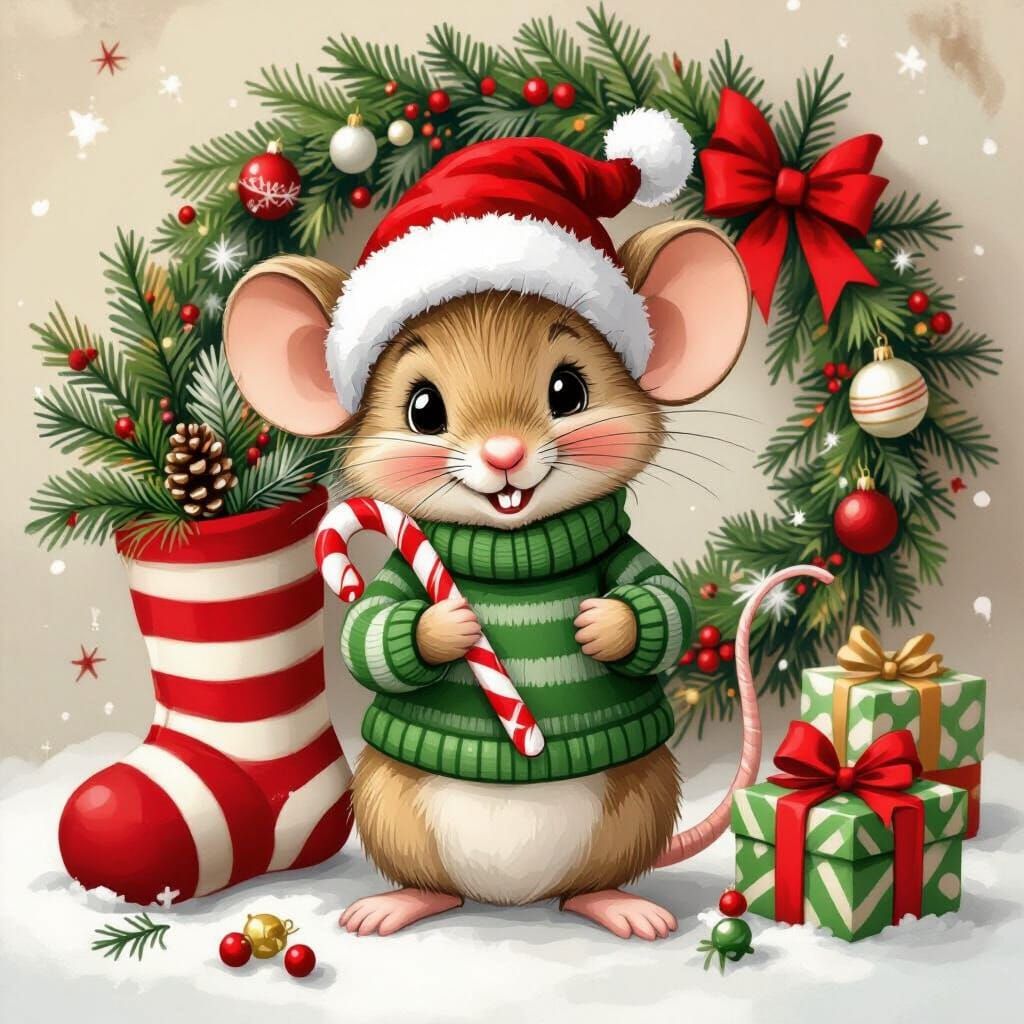 Cute Christmas Mouse with Candy Cane Illustration