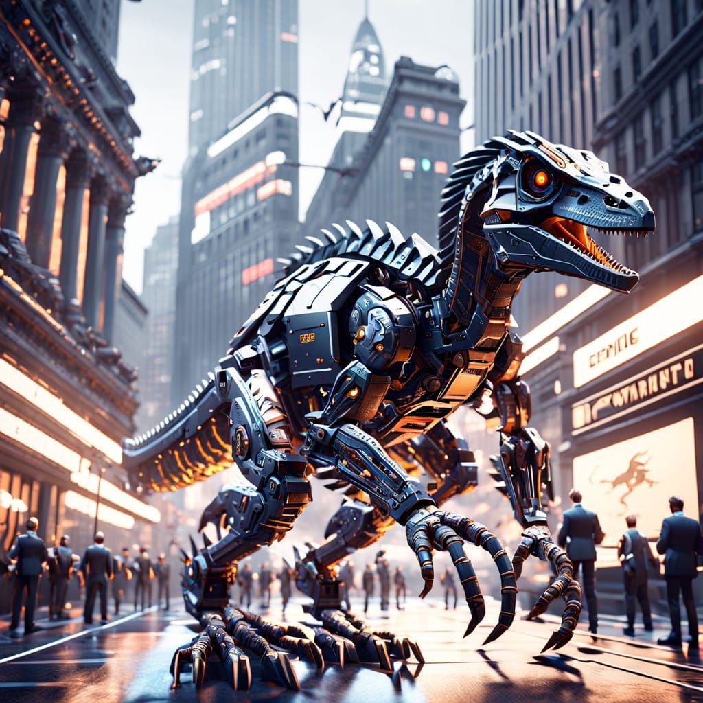 Velociraptor Traders on Wall Street in Mech Style