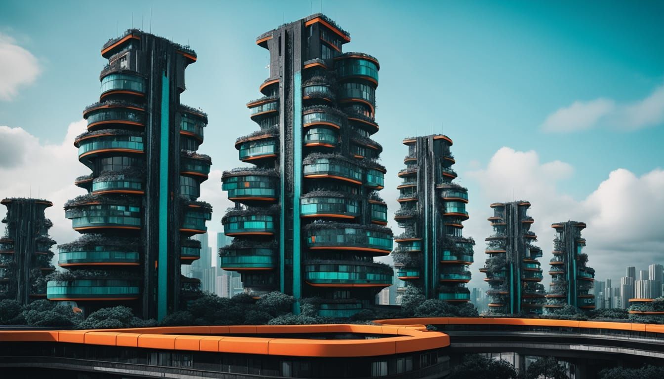 Cyberpunk Cityscape of Teal, Orange, and Black Brutalist Tow...