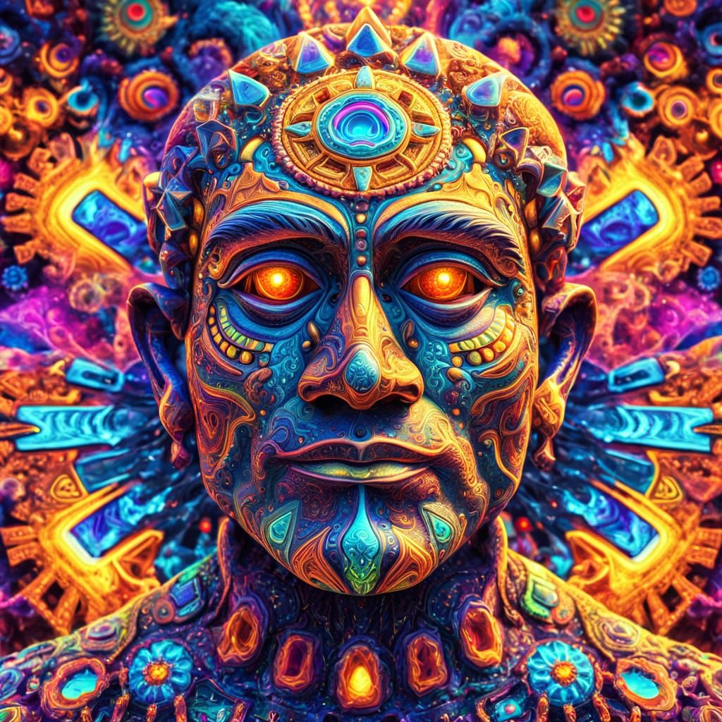 Psychedelic Aztec Mandala with Fractal LSD Crystals