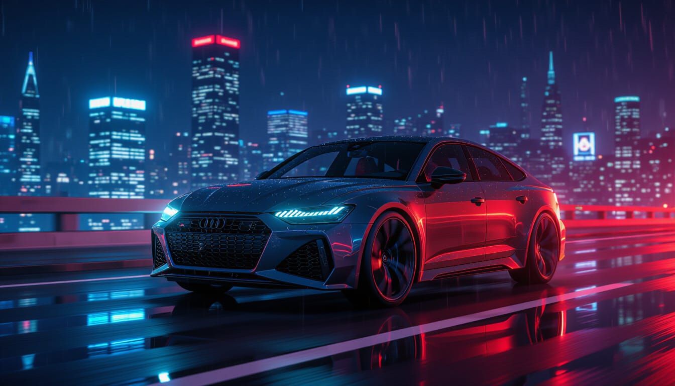 Audi RS6 Night Drive in Neon City, 3D CGI Style