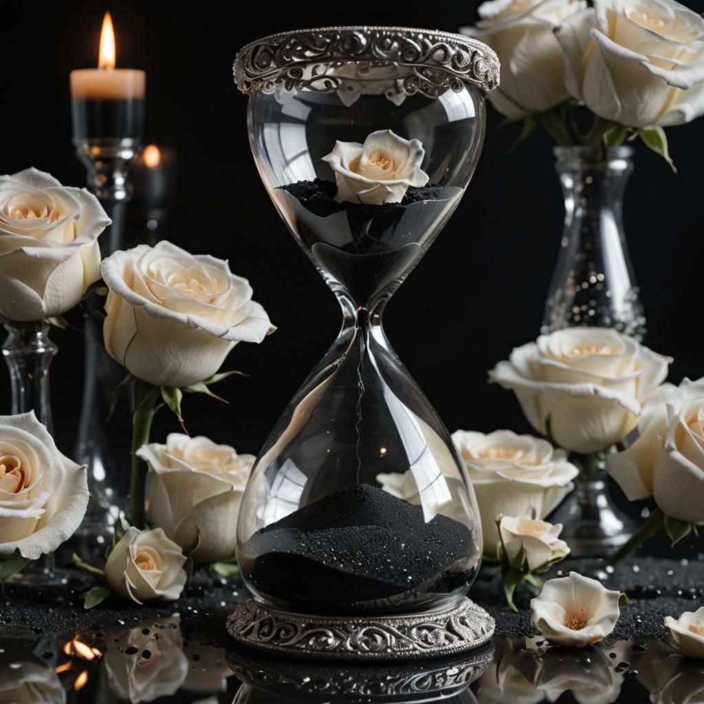 Hourglass Surrounded by Burning Roses