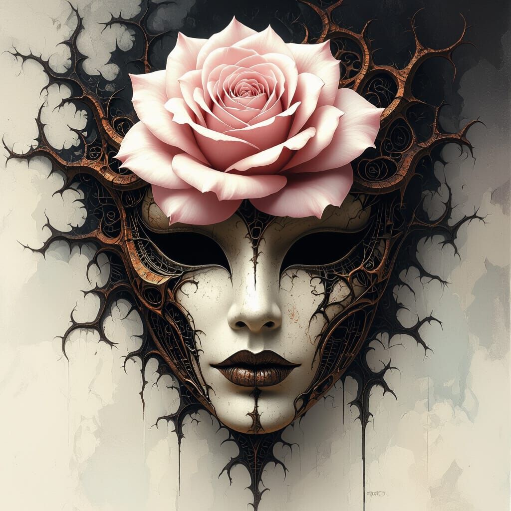 Rose Blossoms from Grotesque Mask in Surreal Style