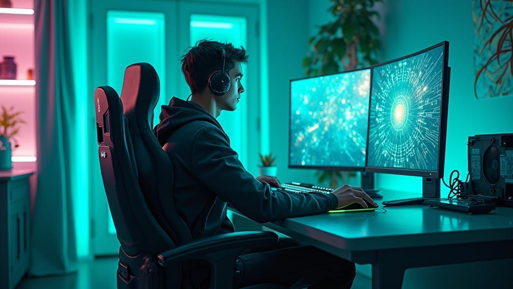 The turquoise gaming room with a high end turquoise gaming PC with rtx 5090 graphics card