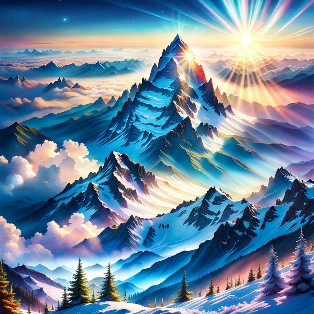 Mountain Peak Above Clouds: Volumetric Lighting Illustration
