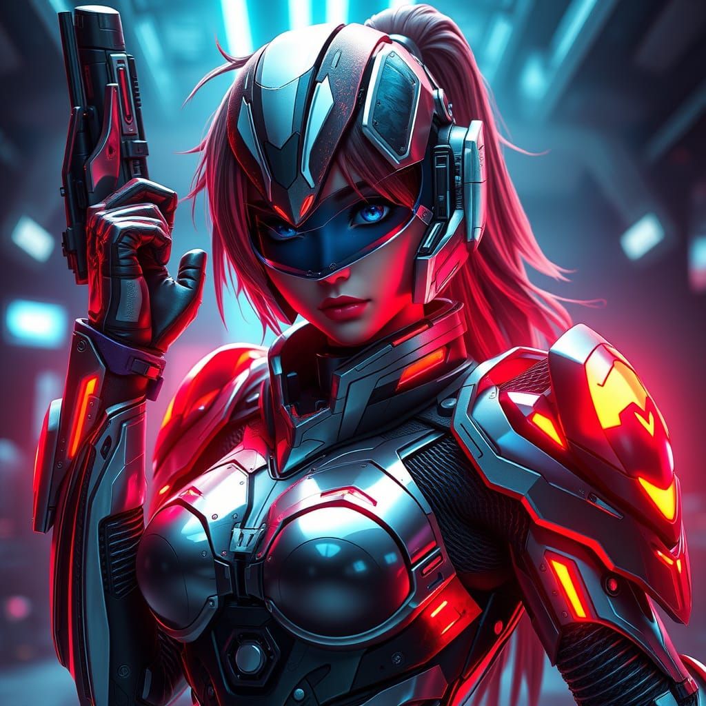 Heroic Female Bounty Hunter in Sci-Fi Armor