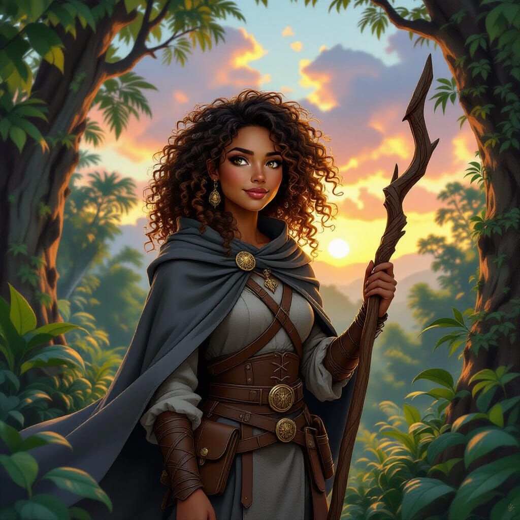 Druid in Rainforest, Sunset, Atmospheric Realism