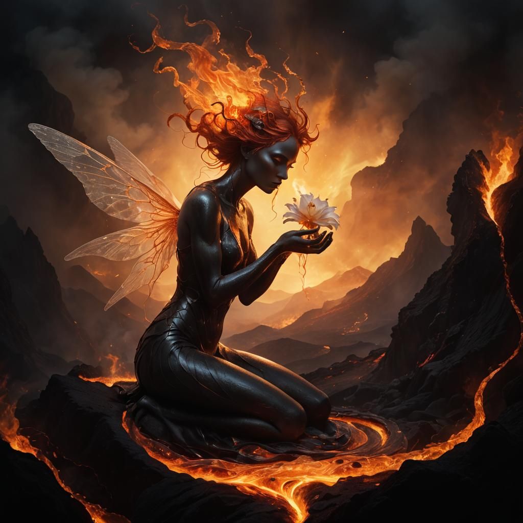 a delicate, translucent winged woman with skin like polished...