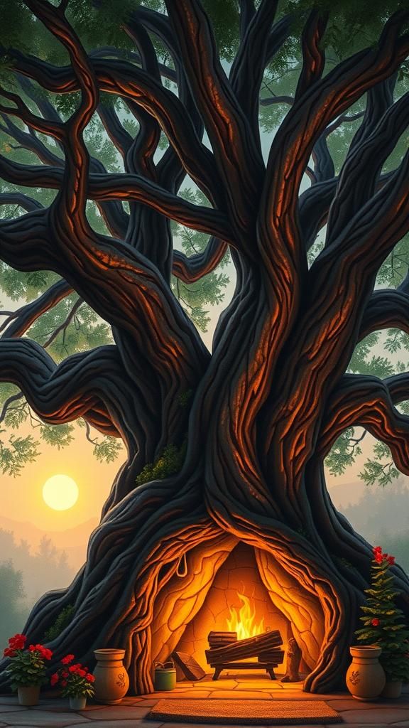 Majestic Oak Tree Basking in Firelight Glow