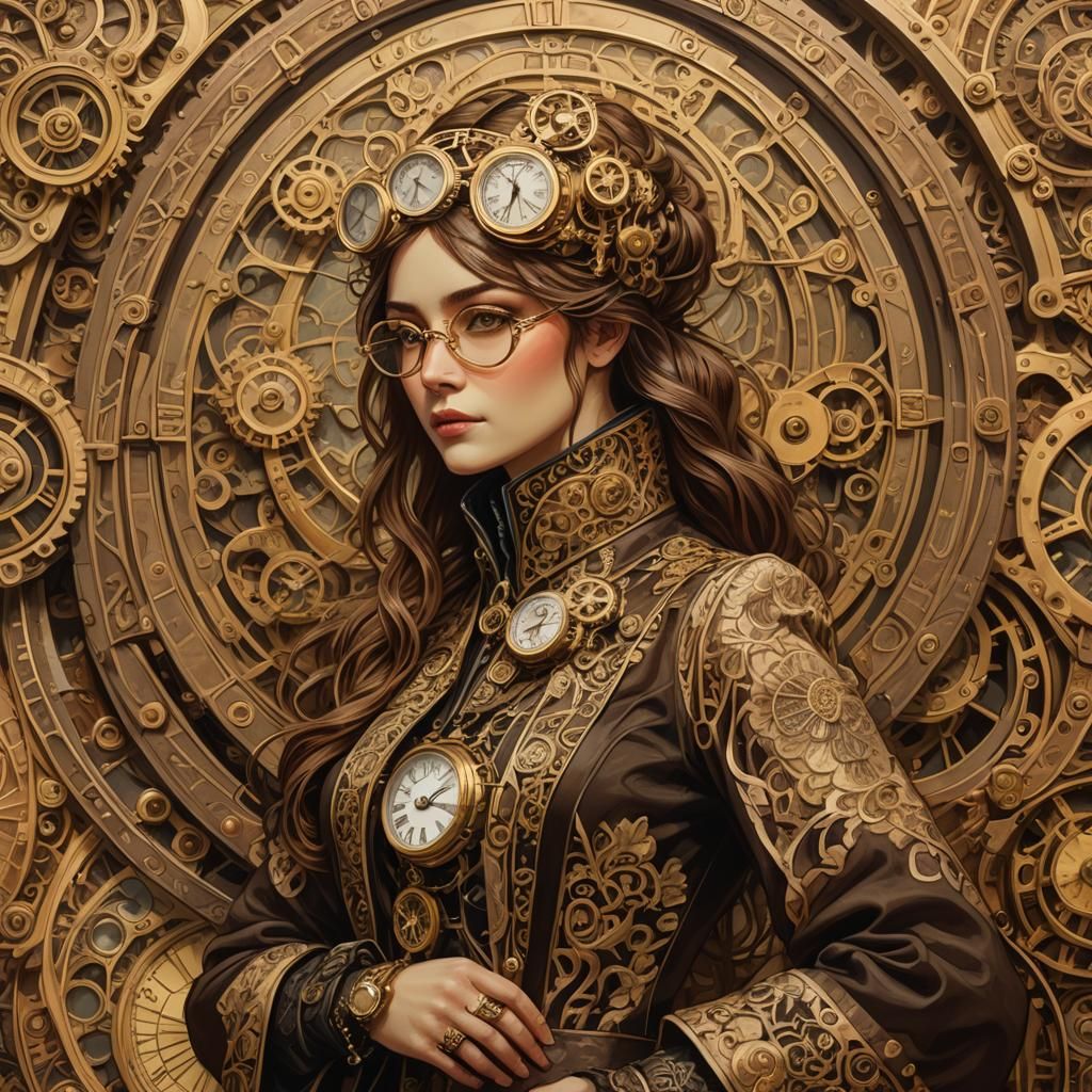 Steampunk Art Nouveau Woman with Clockwork Timepiece