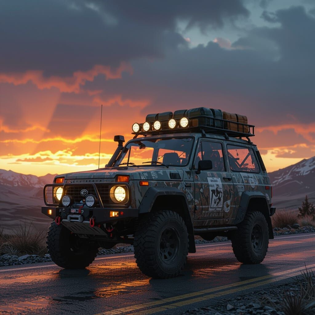Rugged Lada Niva Survival Vehicle on Stormy Mountain Road
