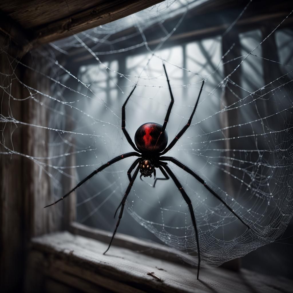 black widow spider weaves her intricate web in the dimly lit corner of an abandoned attic.