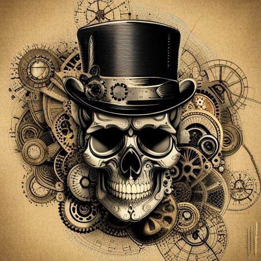 Steampunk Skull Collage with Gears and Tophat