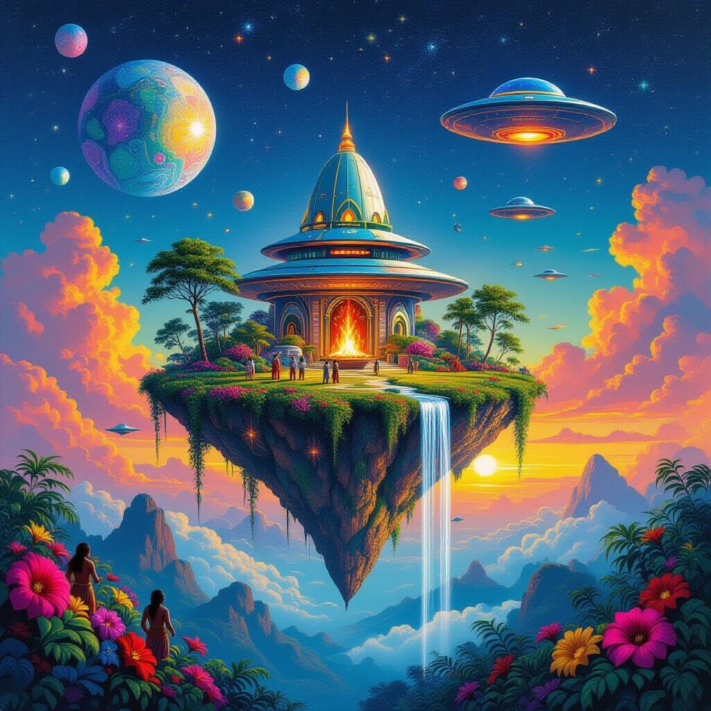 Mystic Alien Temple on Floating Island in Psychedelic Style
