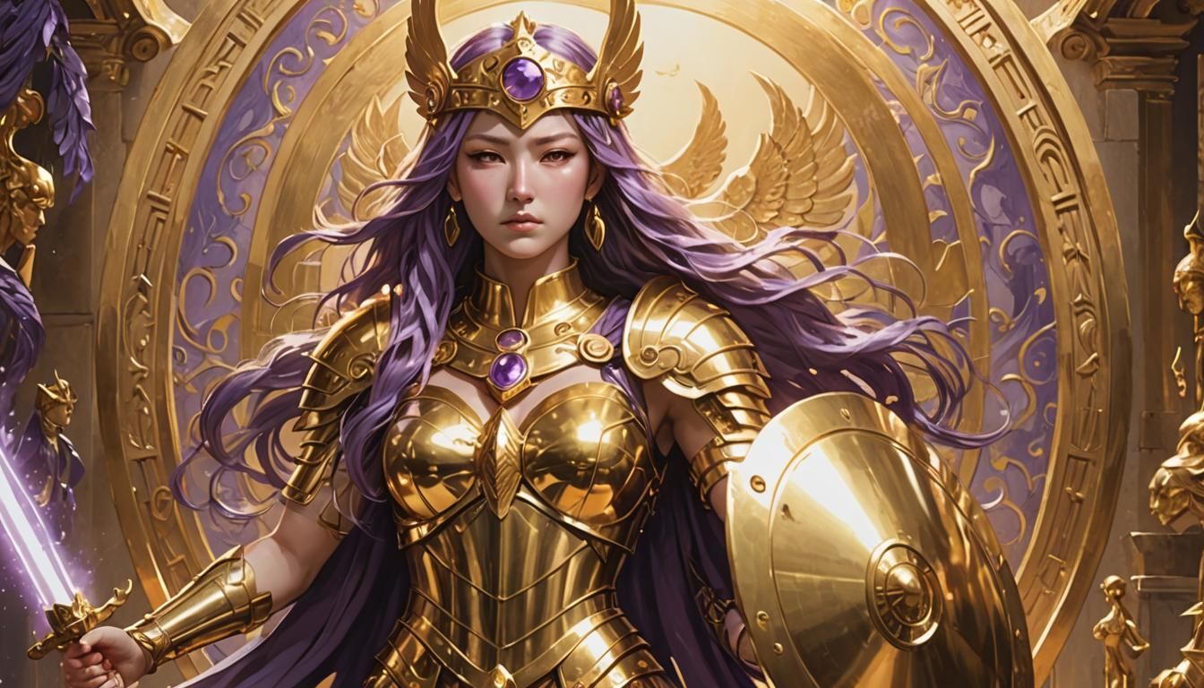 Depict the beautiful goddess Athena, Saori Kido, donning her resplendent golden armor with a veri long violet hair. She ...