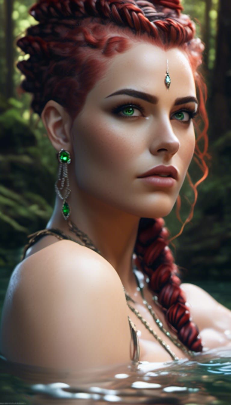 Quizzical Woman with Emerald Eyes in Forest Pool