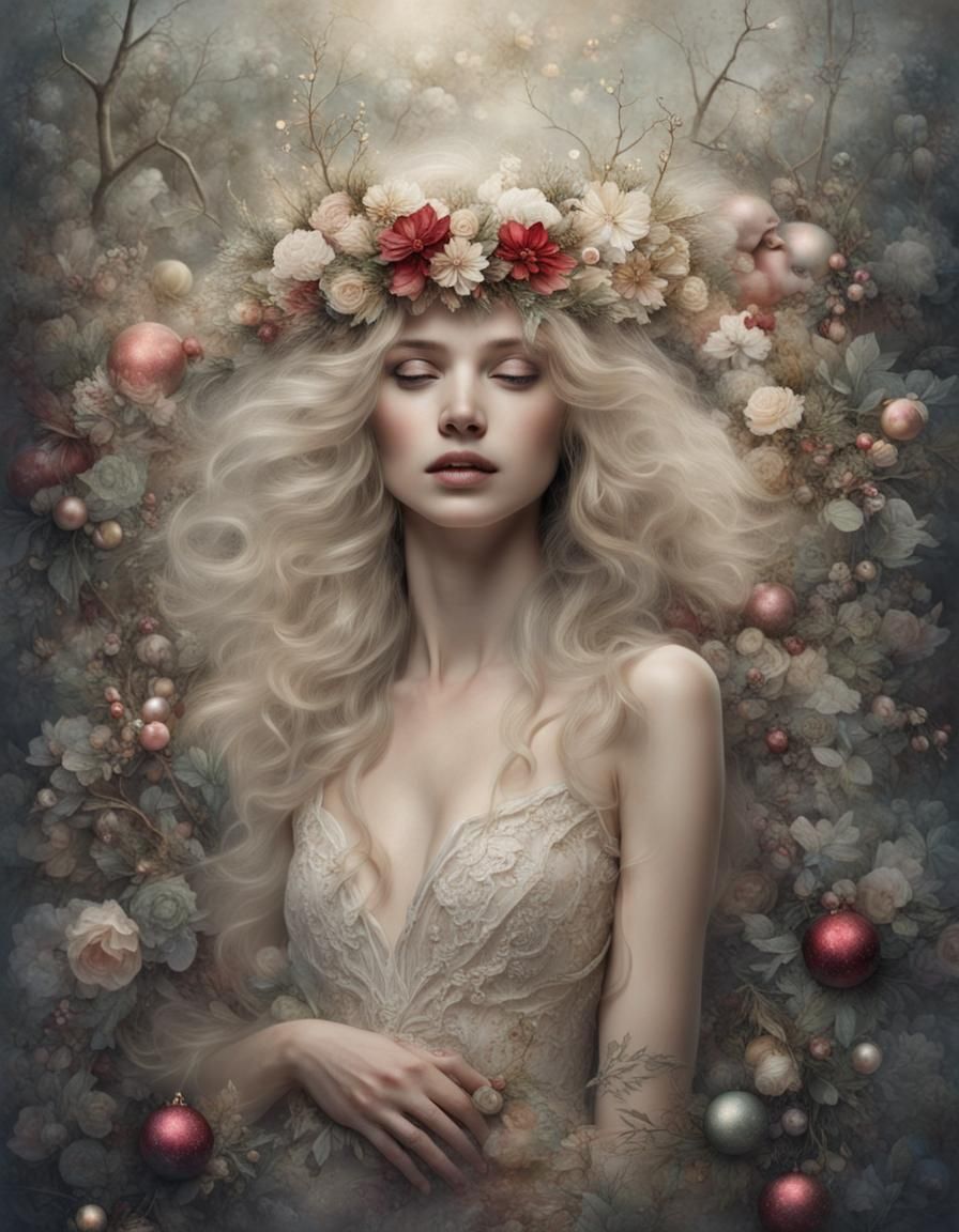Ethereal Christmas Folklore Portrait with Floral Elements