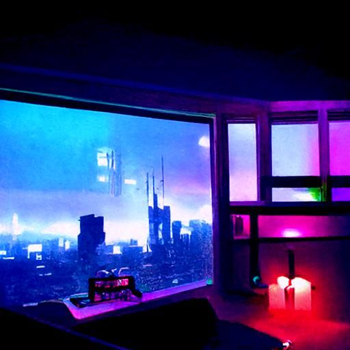 Cyberpunk romantic love bedroom with neons and large bay window view from a smoky city my night