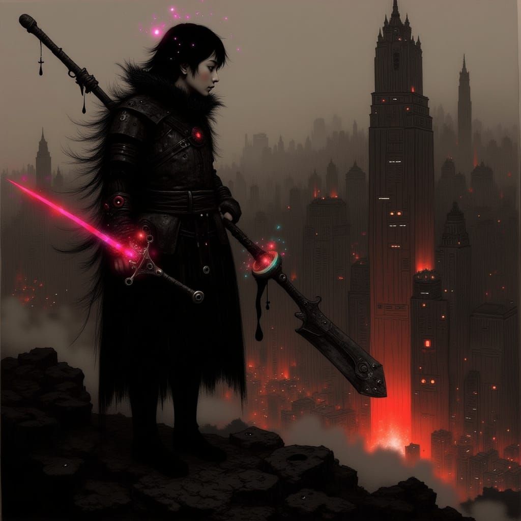 Surreal Warrior in Apocalyptic Cityscape, Beside Enchantress...