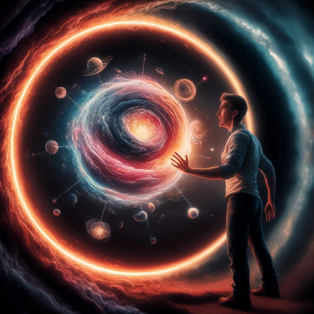 Man Encounters a Radiant Miniature Cosmic Universe