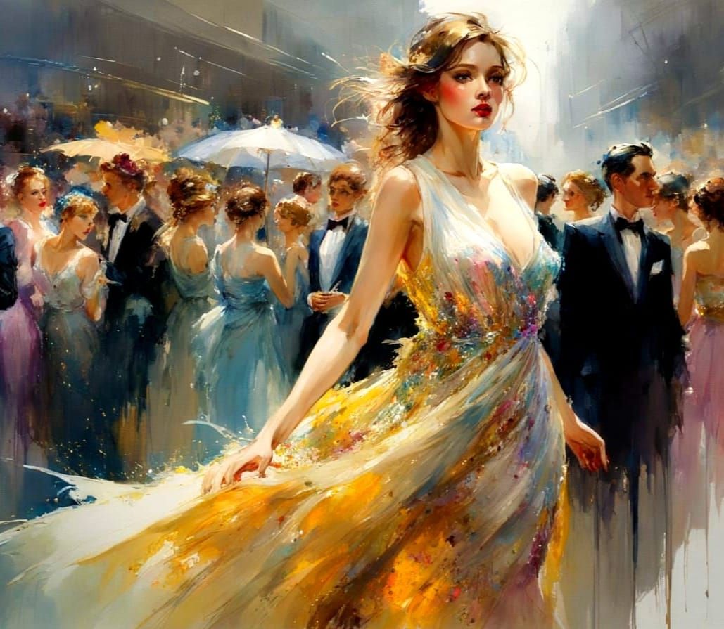 Elegant Woman in Iridescent Dress at High Society Ball