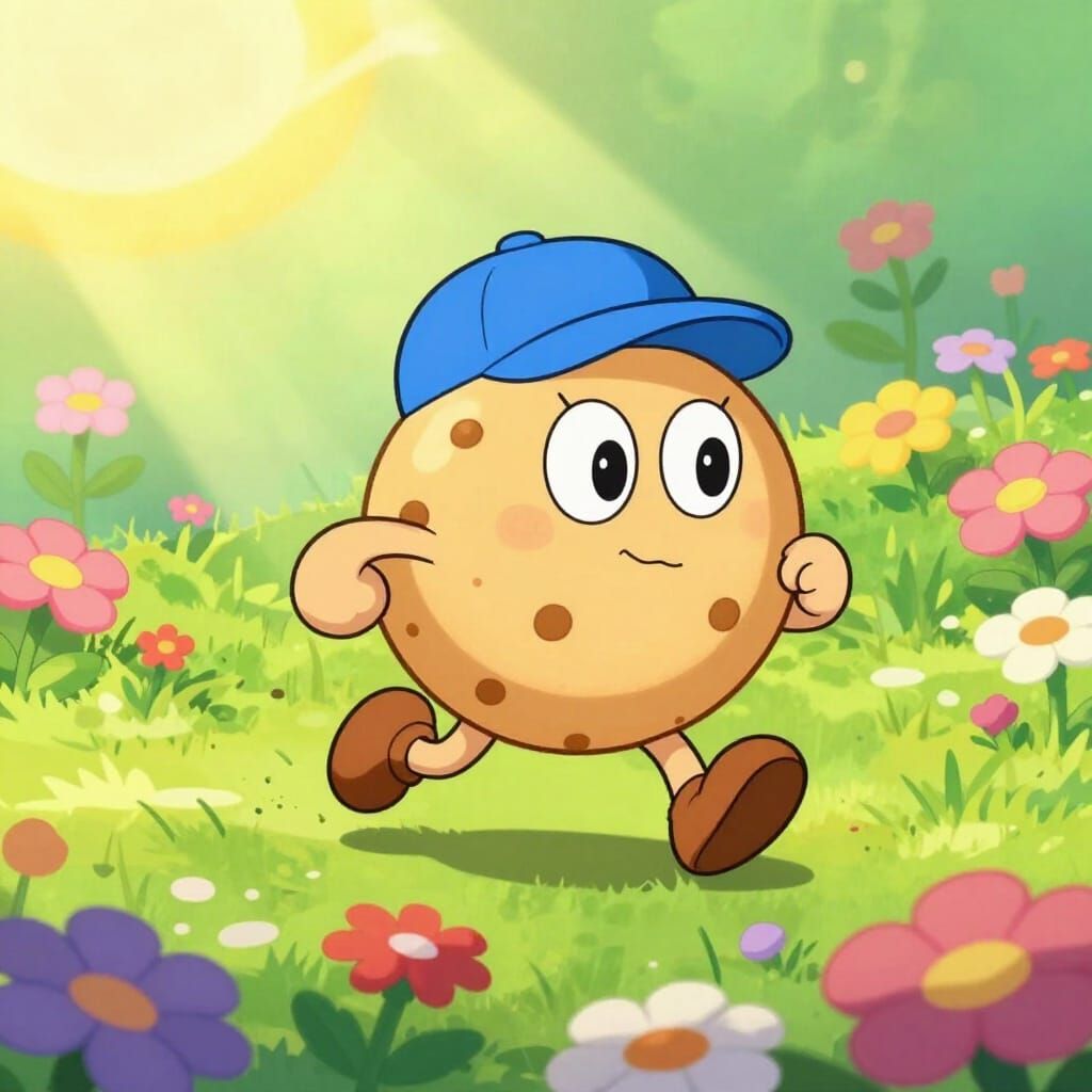 Bubble Biscuit Running Through Flower Field in Cartoon Style