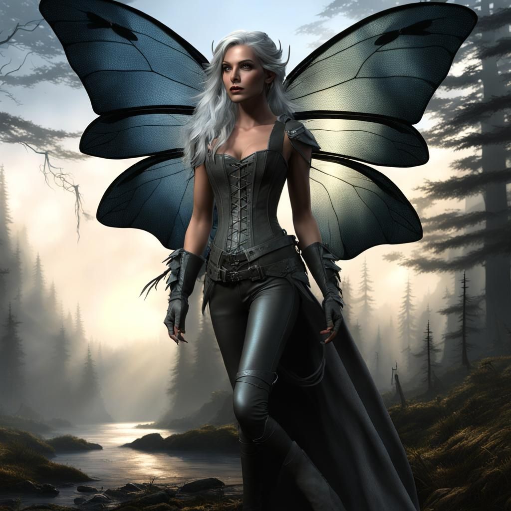 Dark Vampire Fairy in Shadowy Forest, Fantasy Art