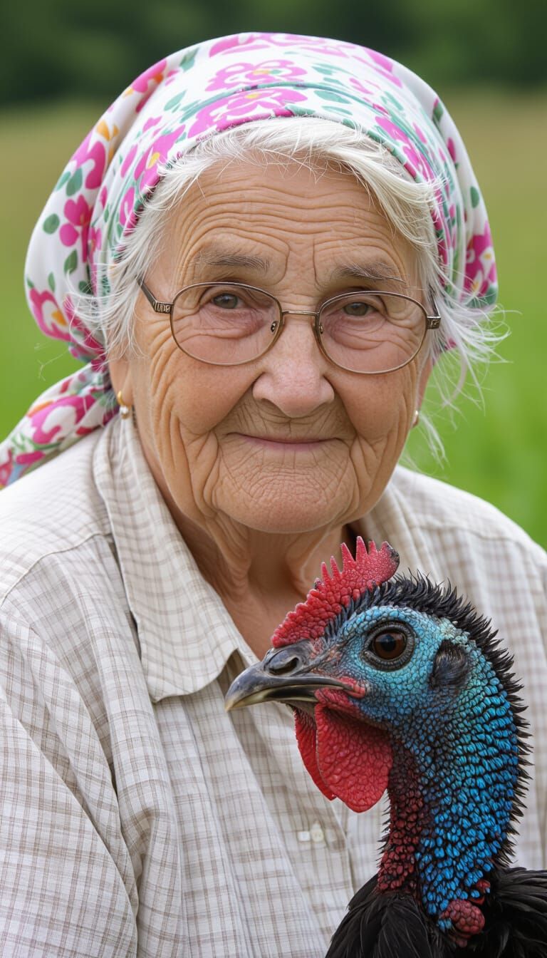 European Grandmother with Ostrich in Field
