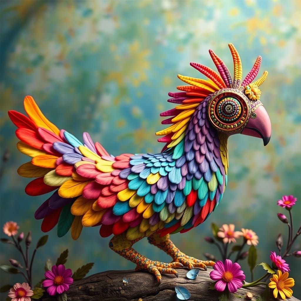 Rainbow-Feathered Whimsical Alebrije in Surreal Style