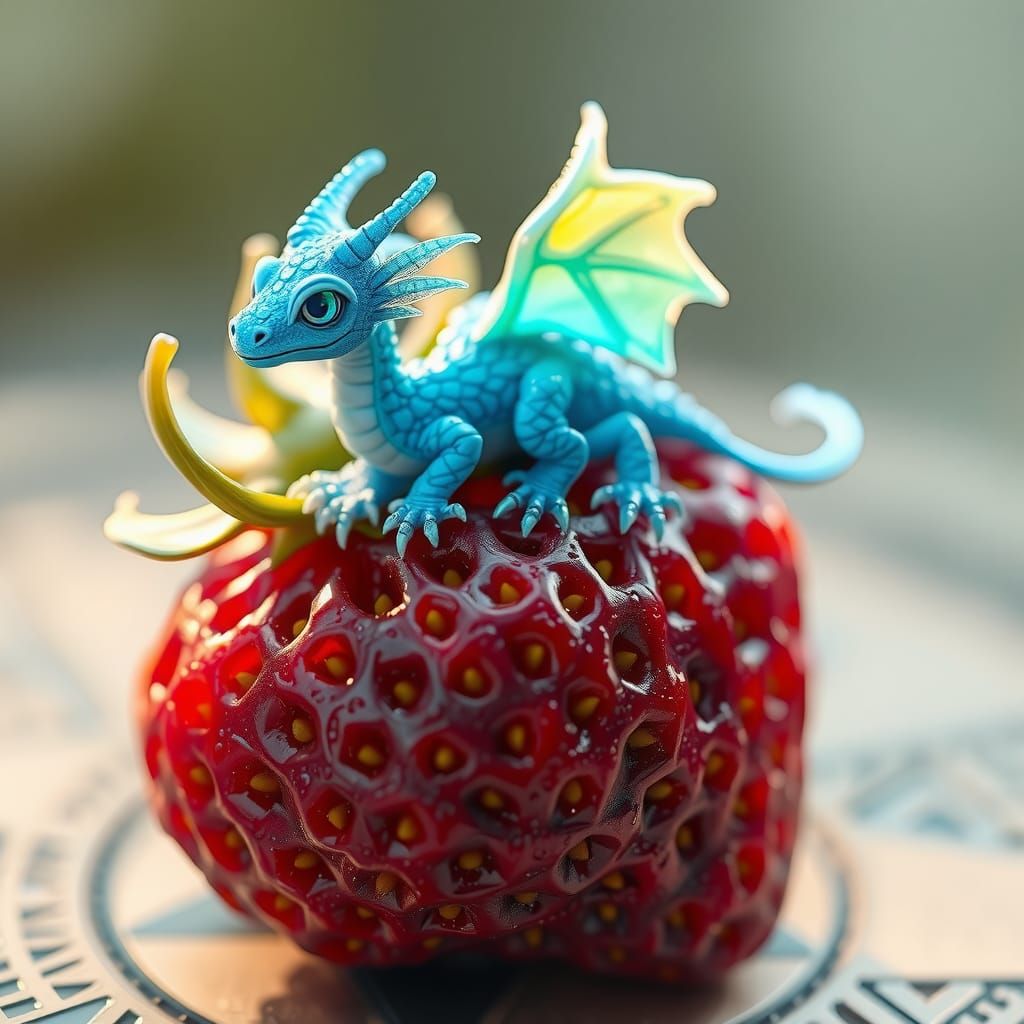 Mini Dragon on Strawberry in Detailed Digital Art