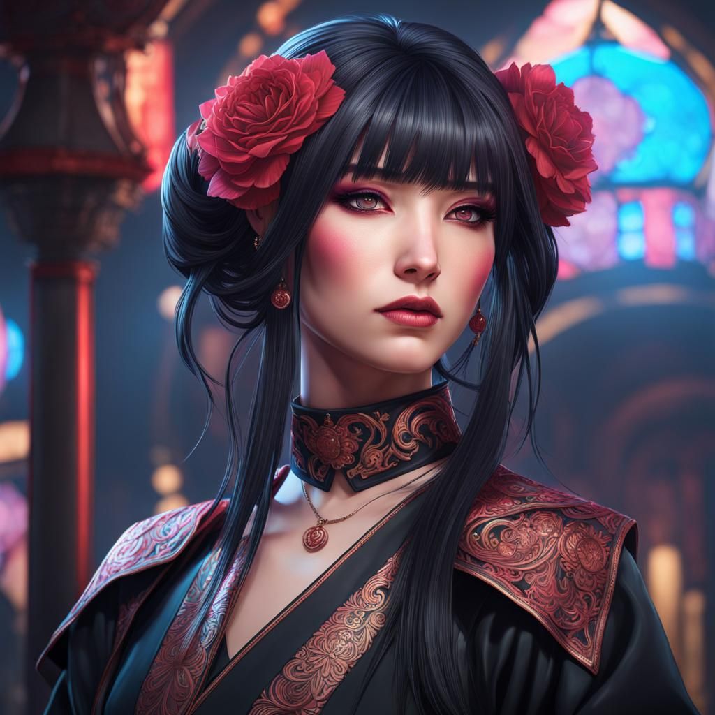 Japanese Goth Woman Portrait in Art Nouveau Style