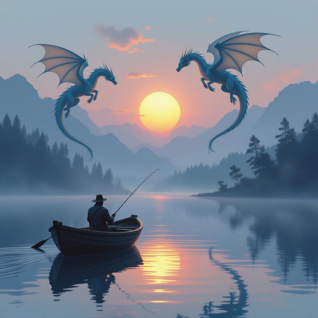 Fisherman and Dragons in Misty Dawn Lake