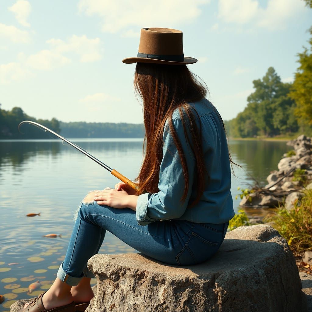 Lady Fishing by the Serene Lake, in the Style of Ivan Shishk...