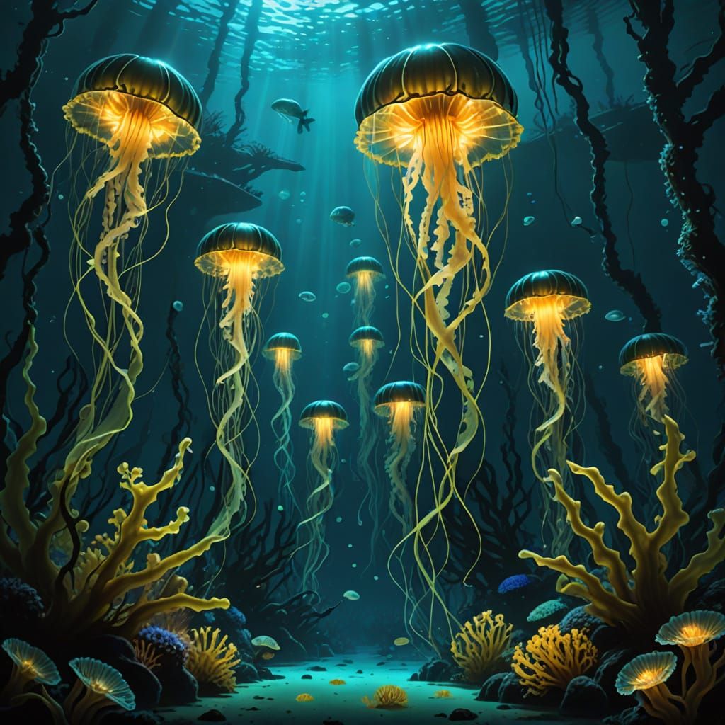 Bioluminescent Jellyfish Light Up Underwater Kelp Forest