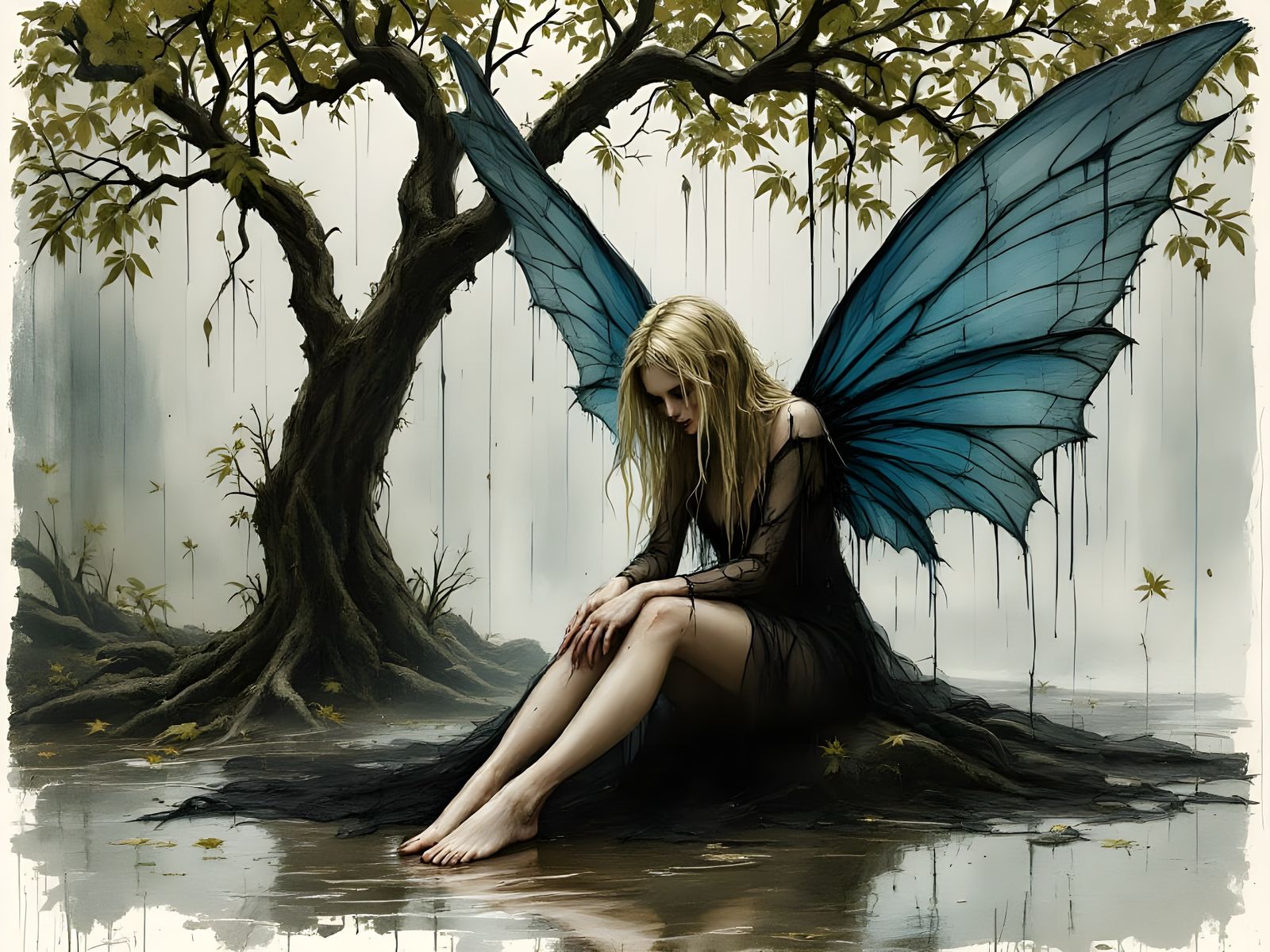 Despondent Fairy in Gloomy Watercolor Portrait