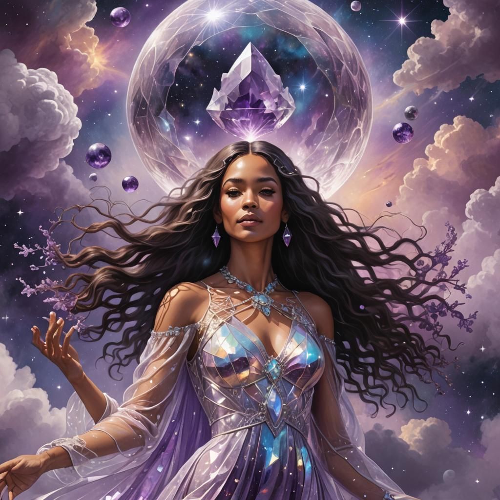 Ethereal Woman in Quartz Dress with Amethyst Orb