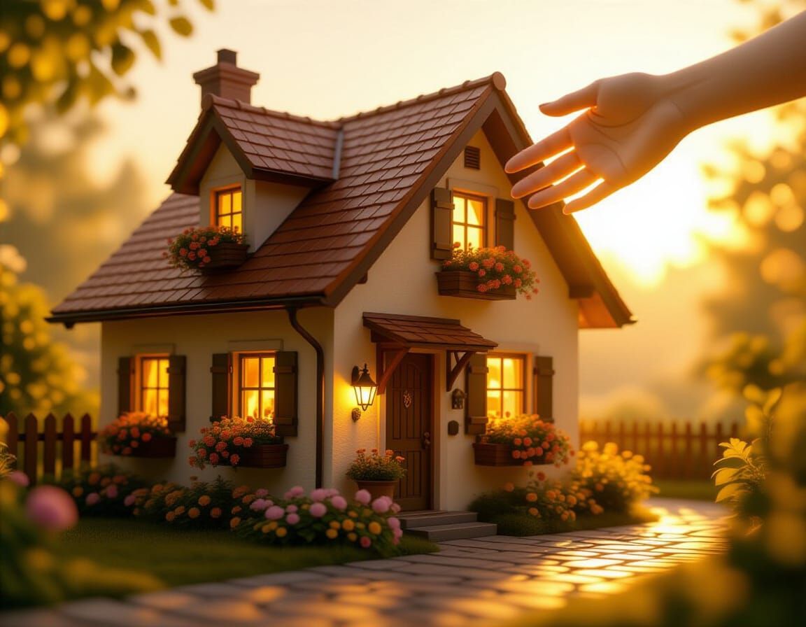 Cozy Cottage Bathed in Golden Light with Protective Hand