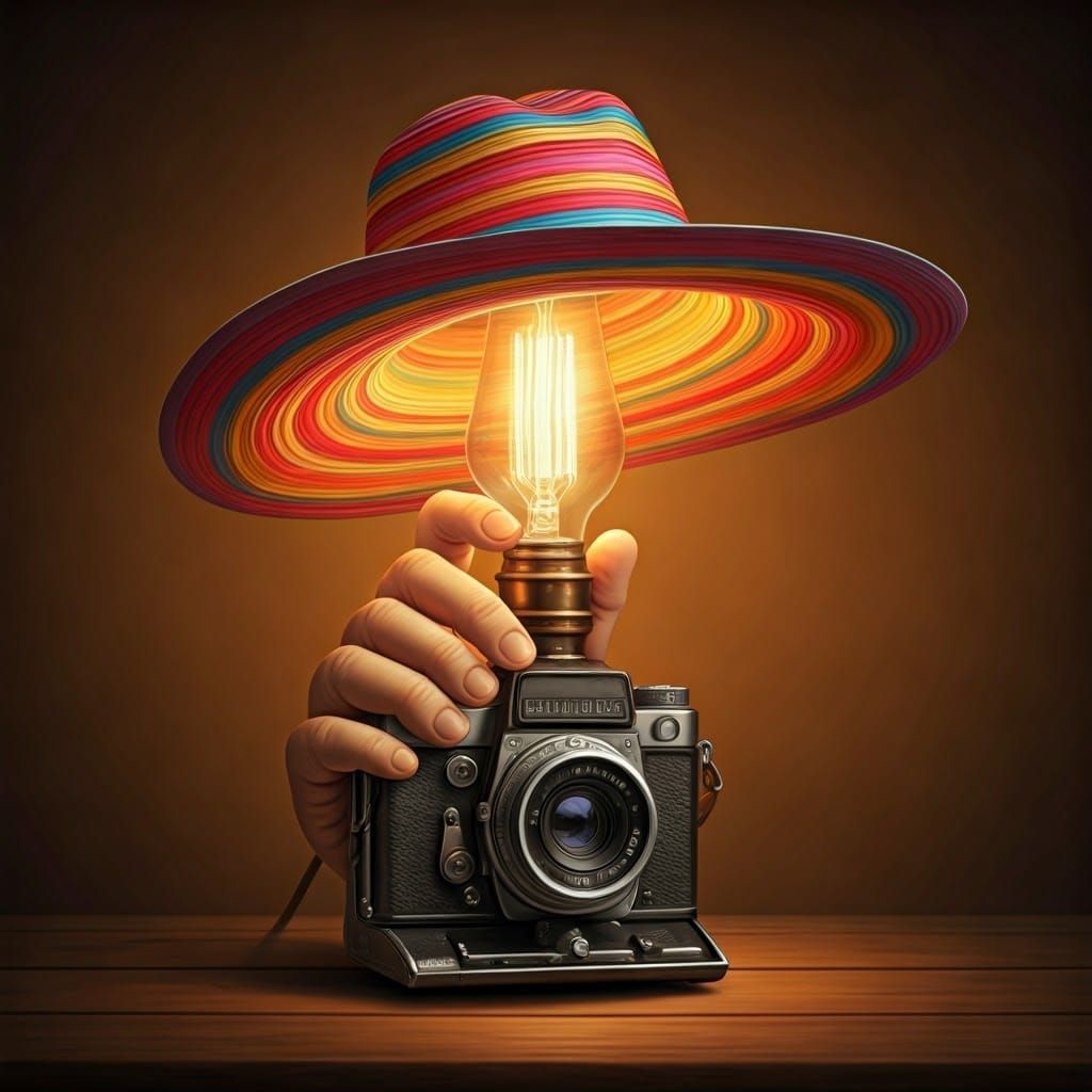 Surreal Lamp with Camera and Beach Hat