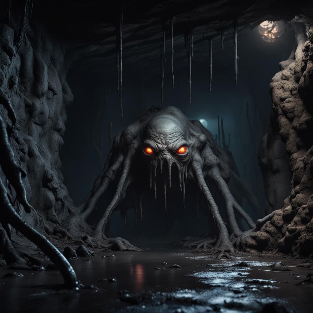 Menacing Creature Lurks in Dark Cavern, Photorealistic 8K