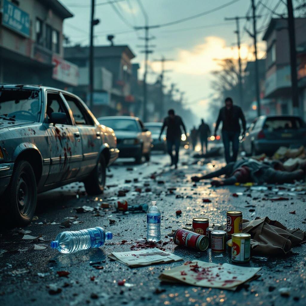 Zombie Apocalypse Chaos: People Fleeing Amidst Abandoned Car...
