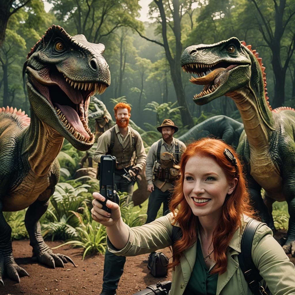 Redhead and Leprechaun Selfie with Dinosaurs