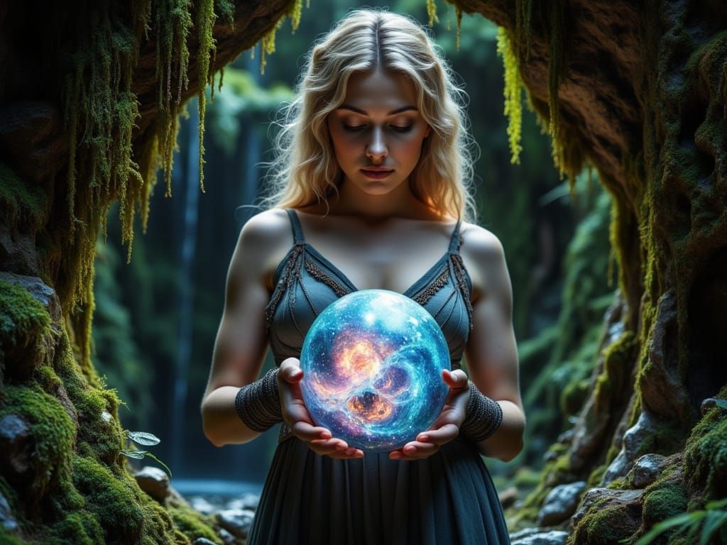 Alchemist Holds Luminous Nebula Orb in Hidden Grotto